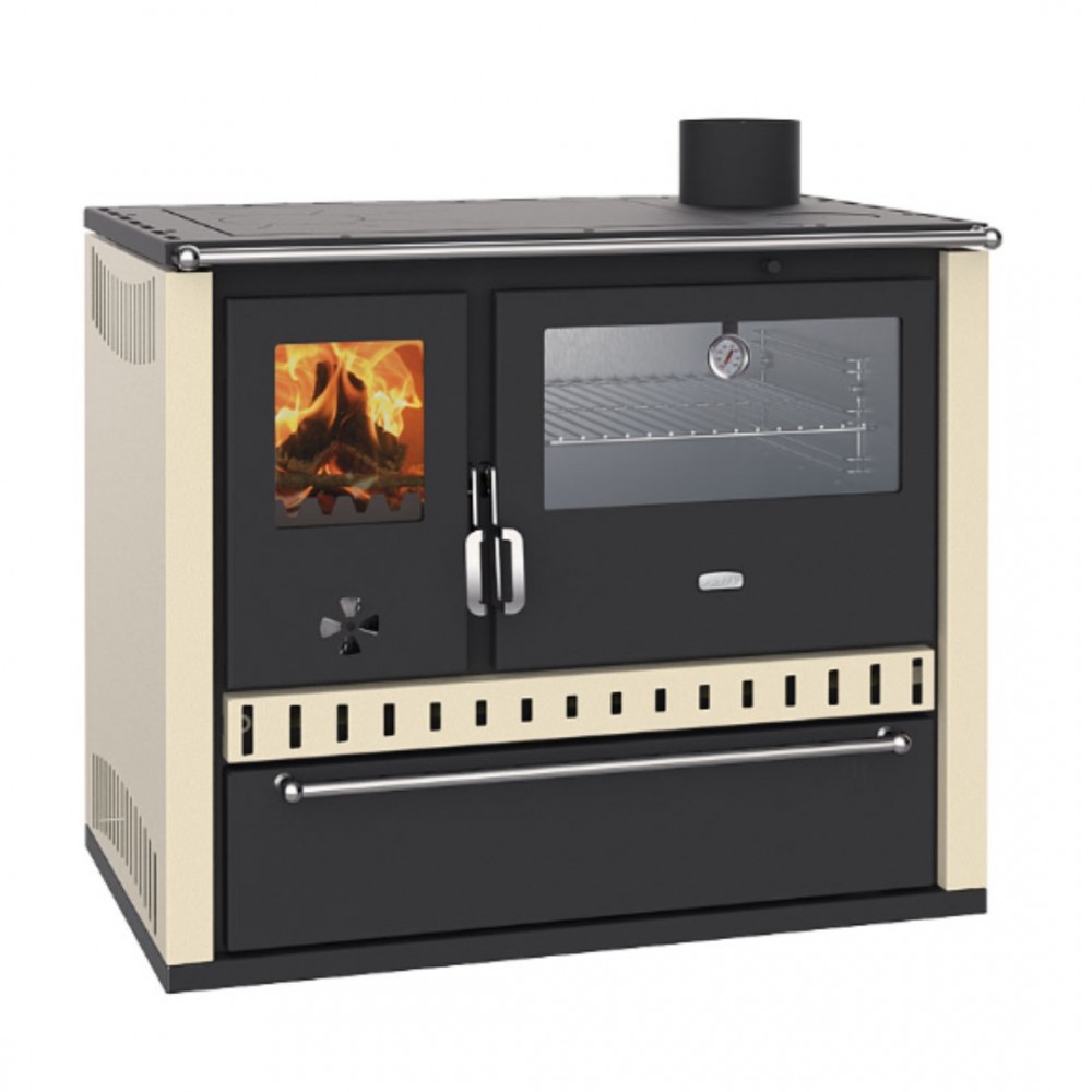 Vattenmantlad braskamin och med ugn Prity GT W10 Elfenben, med rostfri ugn, stålhopp och låda, 9.6 kW | Vattenmantlade vedspisar |  |