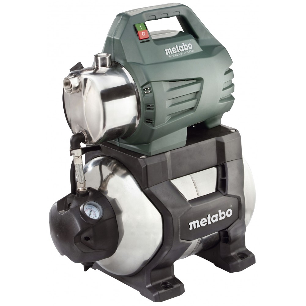 Enfas hydroforpump METABO HWW 4500/25 INOX PLUS, effekt 1300 W, flöde 4500 l/h, lyfthöjd 48 m, tankvolym 24 l | Hydroforpumpar | Vattenpump |