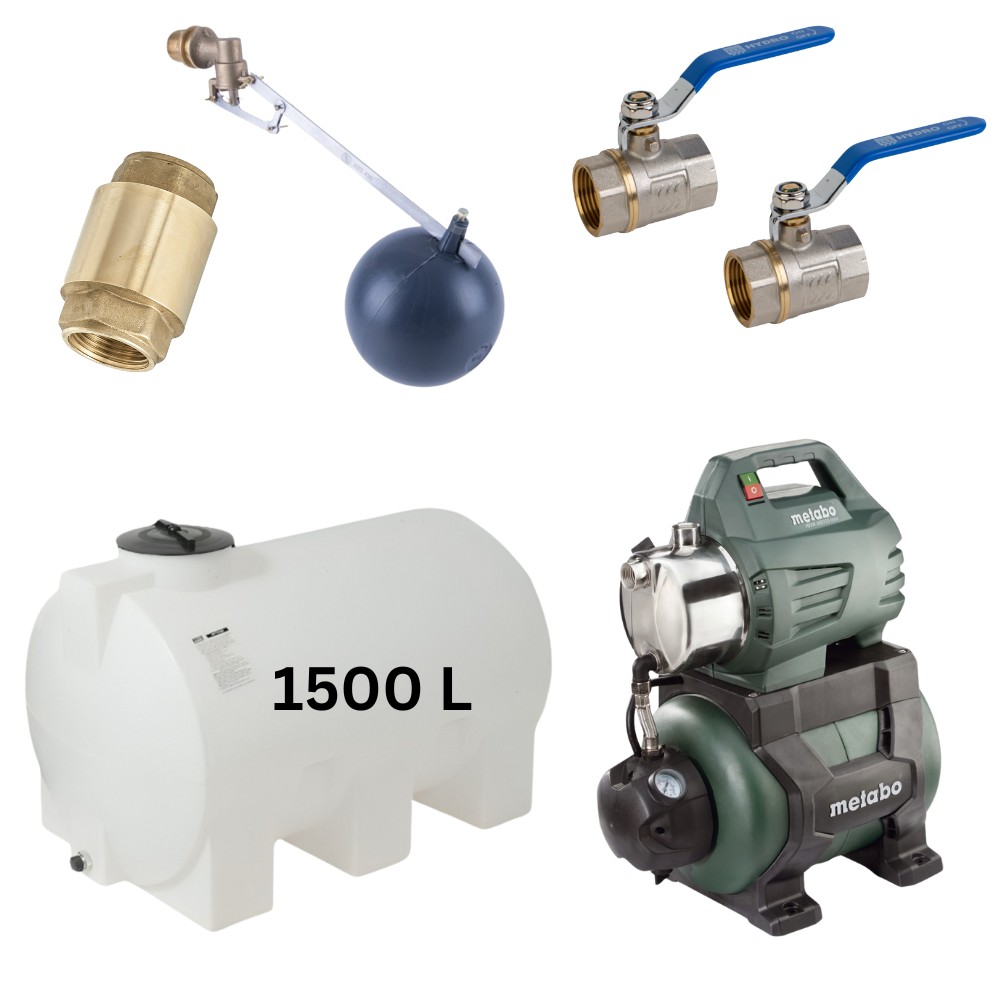 Kit "Dricksvatten 1500L" med vattentank Mavil (vit, horisontell) och hydroforpump Metabo | Vattentankar dricksvatten |  |