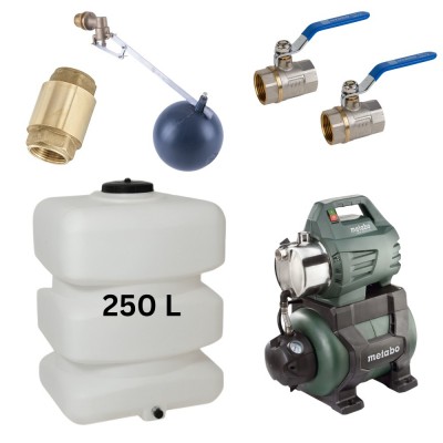 Kit "Dricksvatten 250L" med vattentank Mavil (vit, rektangulär) och hydroforpump Metabo - Produktjämförelse