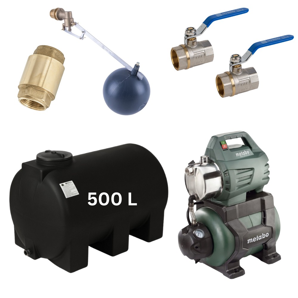 Kit "Dricksvatten 500L" #2 med vattentank Mavil (svart, horisontell) och hydroforpump Metabo | Vattentankar dricksvatten |  |