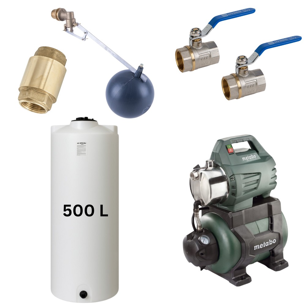 Kit "Dricksvatten 500L" med vattentank Mavil (vit, cylindrisk) och hydroforpump Metabo | Vattentankar dricksvatten |  |