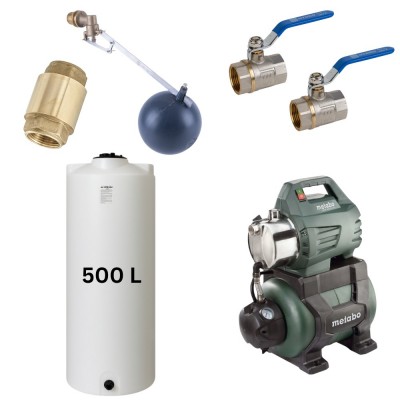 Kit "Dricksvatten 500L" med vattentank Mavil (vit, cylindrisk) och hydroforpump Metabo - Produktjämförelse