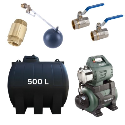 Kit "Dricksvatten 500L" med vattentank Mavil (svart, horisontell) och hydroforpump Metabo - Produktjämförelse