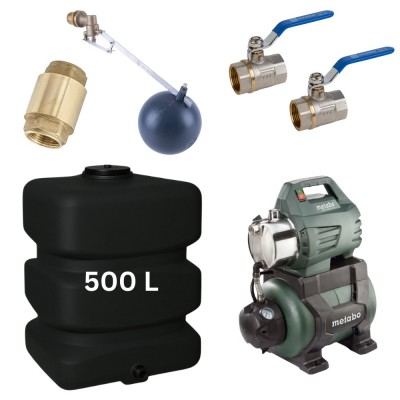 Kit "Dricksvatten 500L" med vattentank Mavil (svart, rektangulär) och hydroforpump Metabo - Produktjämförelse