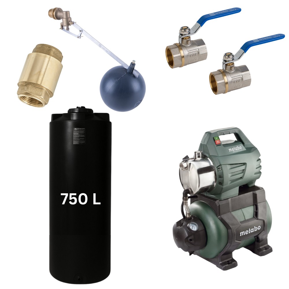 Kit "Dricksvatten 750L" med vattentank Mavil (svart, cylindrisk) och hydroforpump Metabo | Vattentankar dricksvatten |  |