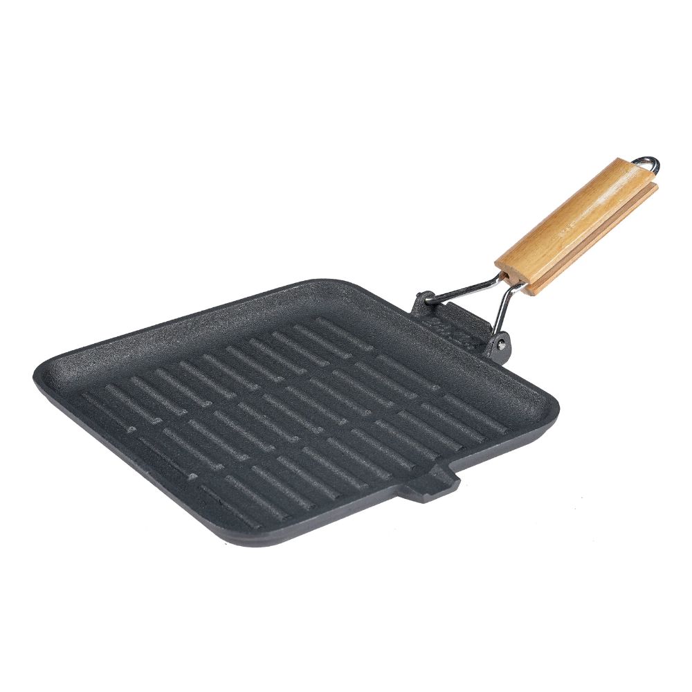 Gjutjärnspanna grill med fällbart handtag i trä, 28x28 cm | Gjutjärnspanna grill | Gjutjärnspanna |