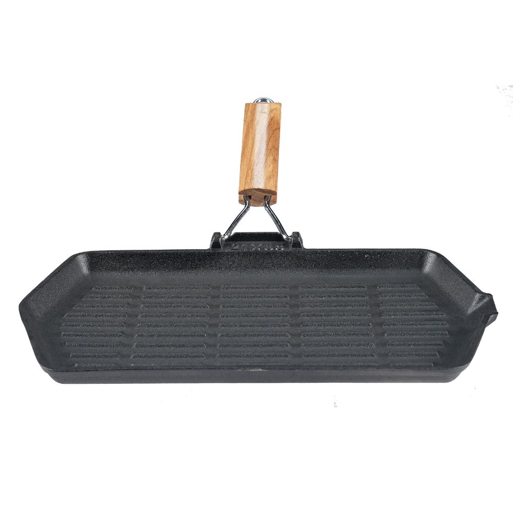 Gjutjärnspanna grill med fällbart handtag i trä, 35x21 cm | Gjutjärnspanna grill | Gjutjärnspanna |
