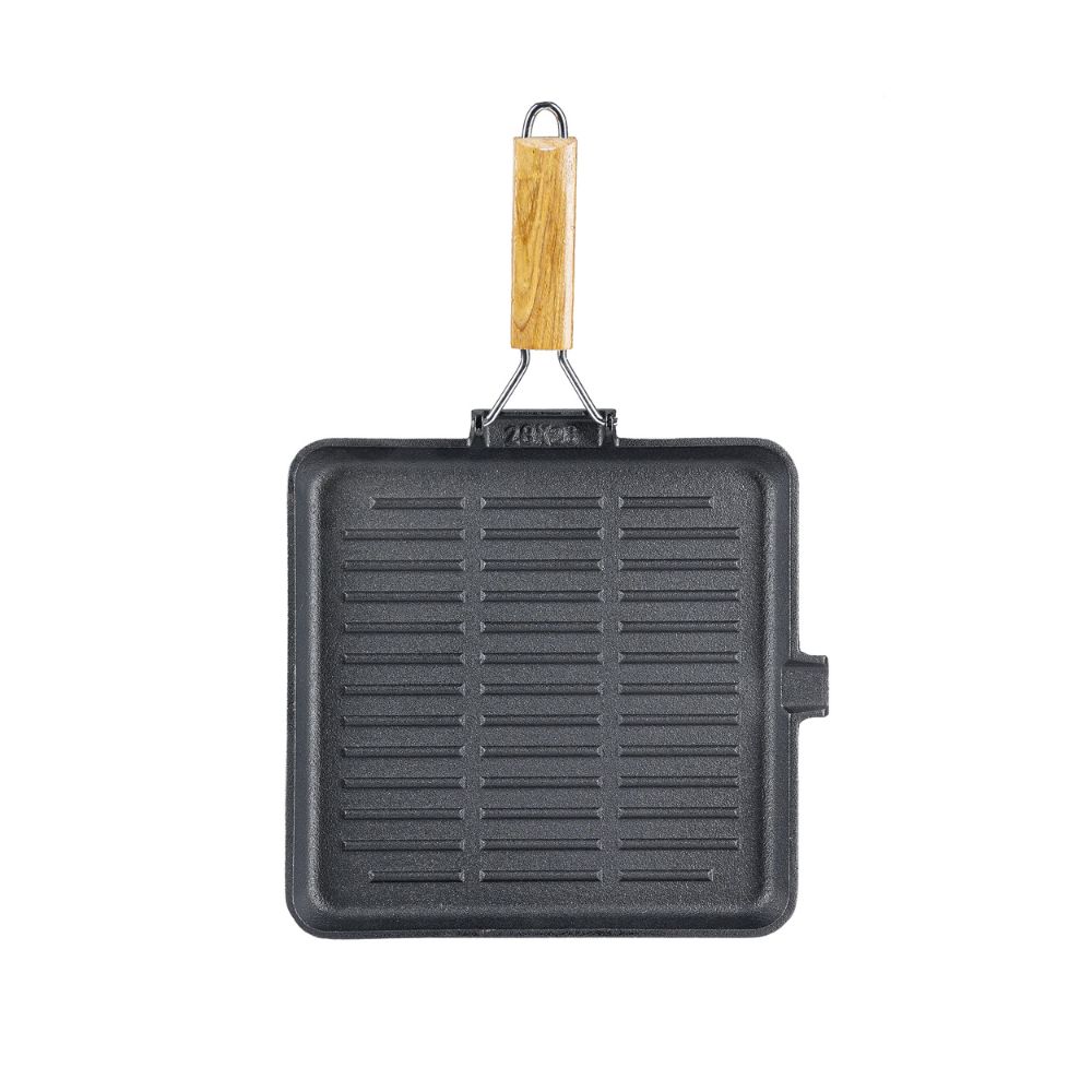 Gjutjärnspanna grill med fällbart handtag i trä, 28x28 cm | Gjutjärnspanna grill | Gjutjärnspanna |