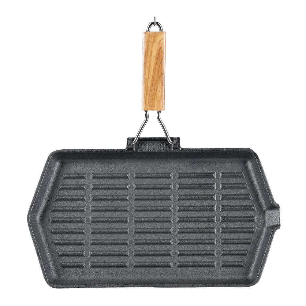Gjutjärnspanna grill med fällbart handtag i trä, 35x21 cm | Gjutjärnspanna grill | Gjutjärnspanna |