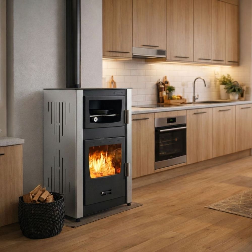 Vattenmantlad braskamin och med ugn Velmora Fire ATS HYDRO ΜΑSΙΝΑ 90-25 grå, 25kW | Vedspisar / Vedspisar med ugn |  |