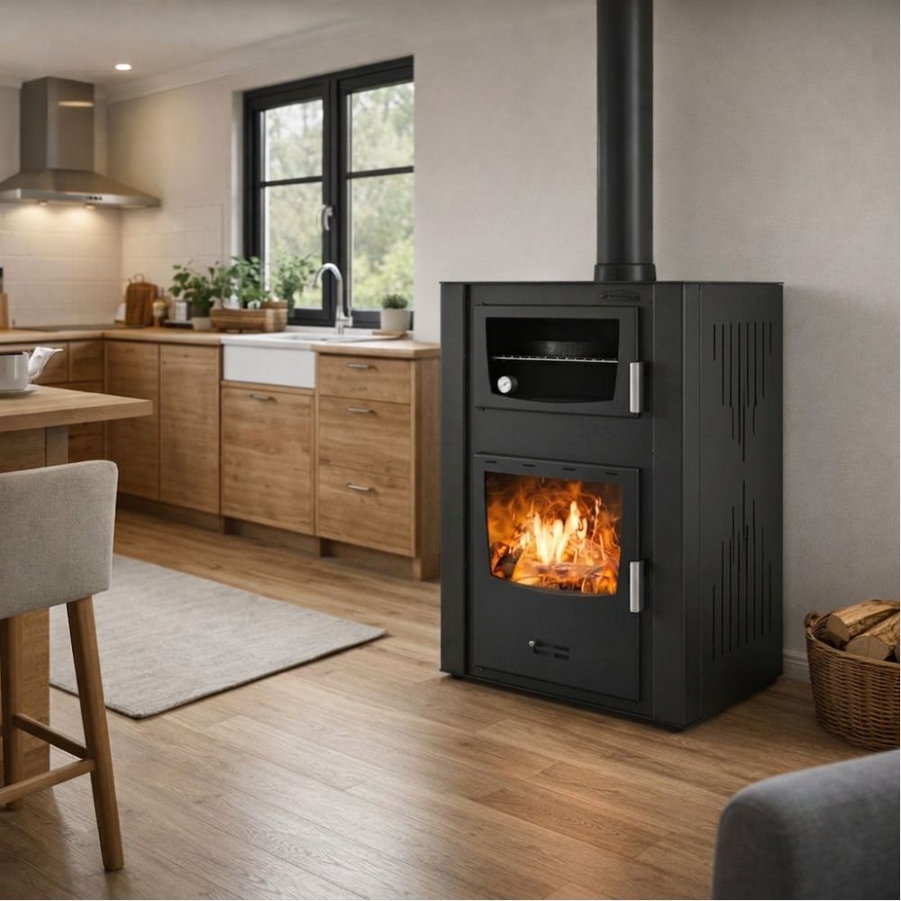 Vattenmantlad braskamin och med ugn Velmora Fire ATS HYDRO ΜΑSΙΝΑ 90-30 svart, 35kW | Vedspisar / Vedspisar med ugn |  |