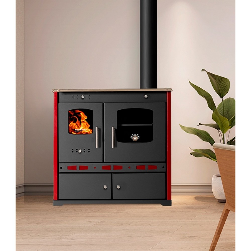 Vedspis med ugn Prometey Perfect Eco Lux med höger rökkanal, vinröd, 7.5kW |  |  |
