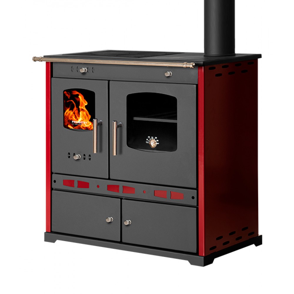 Vedspis med ugn Prometey Perfect Eco Lux med höger rökkanal, vinröd, 7.5kW |  |  |