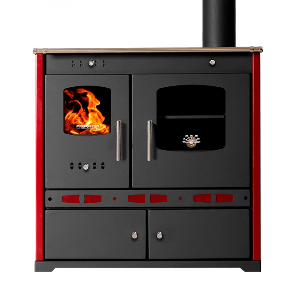 Vedspis med ugn Prometey Perfect Eco Lux med höger rökkanal, vinröd, 7.5kW |  |  |