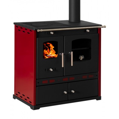 Vedspis med ugn Prometey Perfect Eco Lux med höger rökkanal, vinröd, 7.5kW - Prometey
