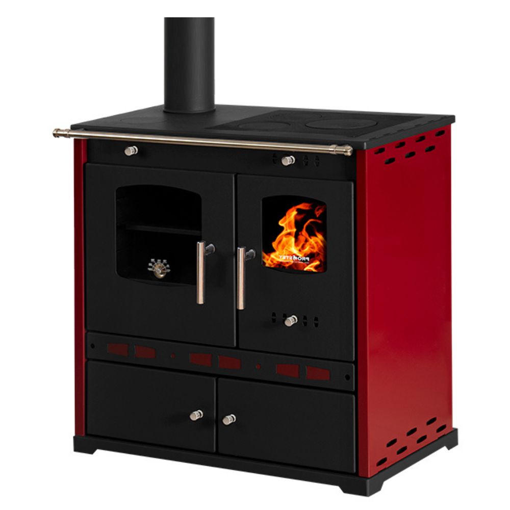 Vedspis med ugn Prometey Perfect Eco Lux med vänster rökkanal, vinröd, 7.5kW |  |  |