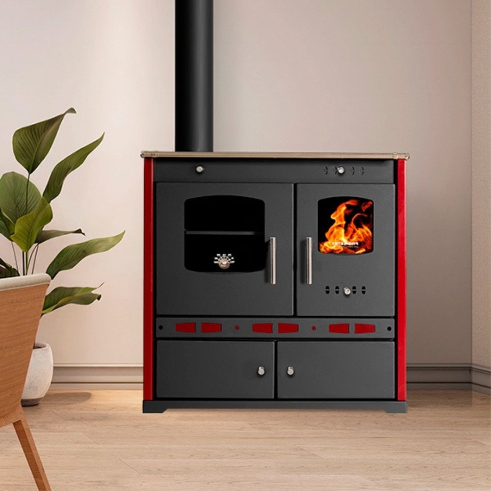Vedspis med ugn Prometey Perfect Eco Lux med vänster rökkanal, vinröd, 7.5kW |  |  |