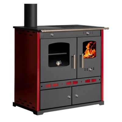 Vedspis med ugn Prometey Perfect Eco Lux med vänster rökkanal, vinröd, 7.5kW - Prometey