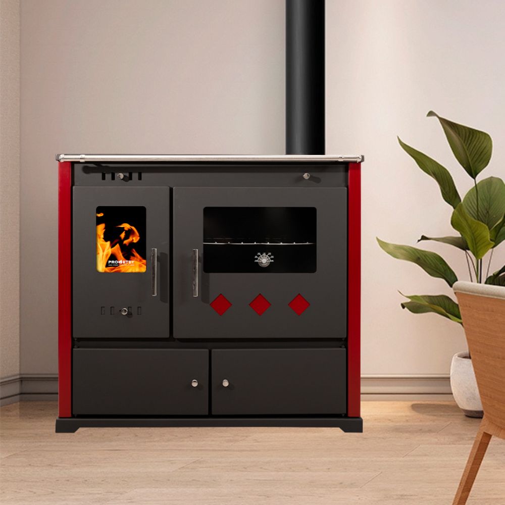 Vedspis med ugn Prometey Perfect Practik Lux med keramikhäll, höger rökkanal, vinröd, 9.5kW |  |  |
