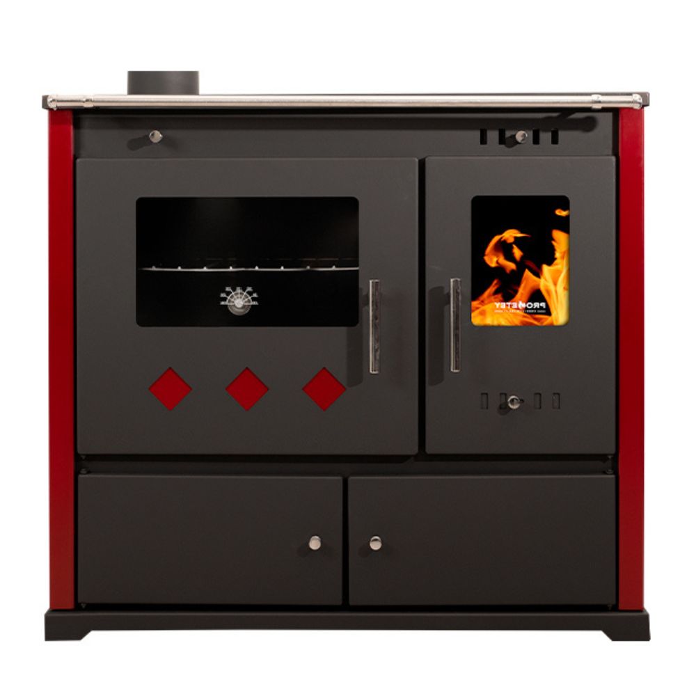 Vedspis med ugn Prometey Perfect Practik Lux med vänster rökkanal, vinröd, 9.5kW |  |  |