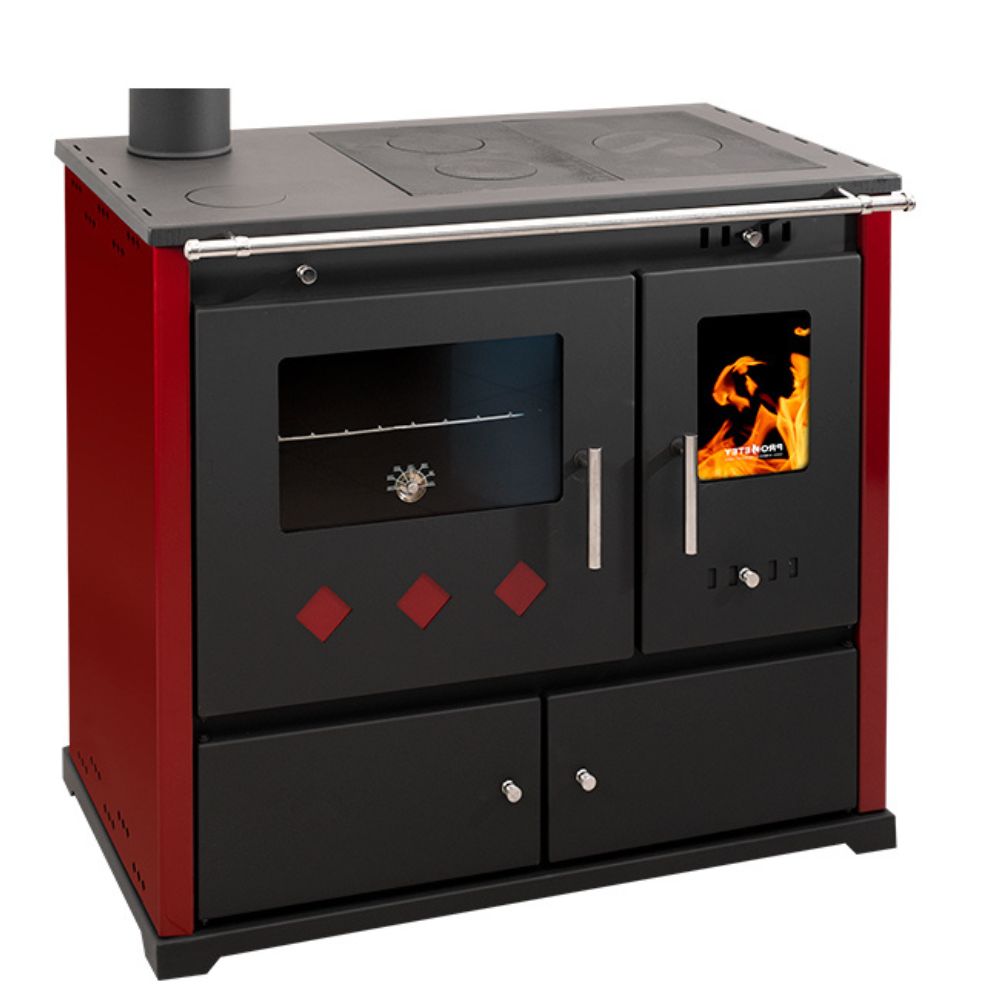 Vedspis med ugn Prometey Perfect Practik Lux med vänster rökkanal, vinröd, 9.5kW |  |  |