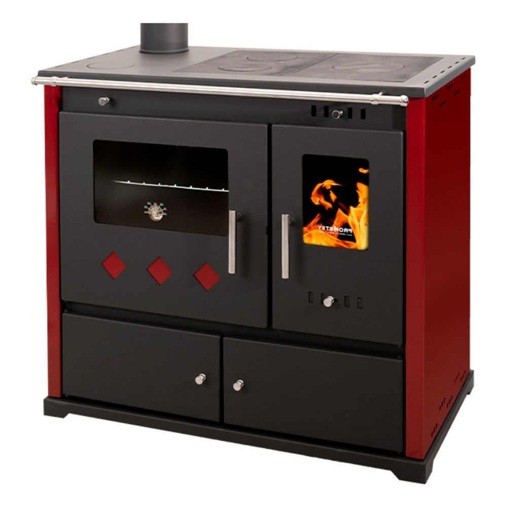 Vedspis med ugn Prometey Perfect Practik Lux med vänster rökkanal, vinröd, 9.5kW |  |  |