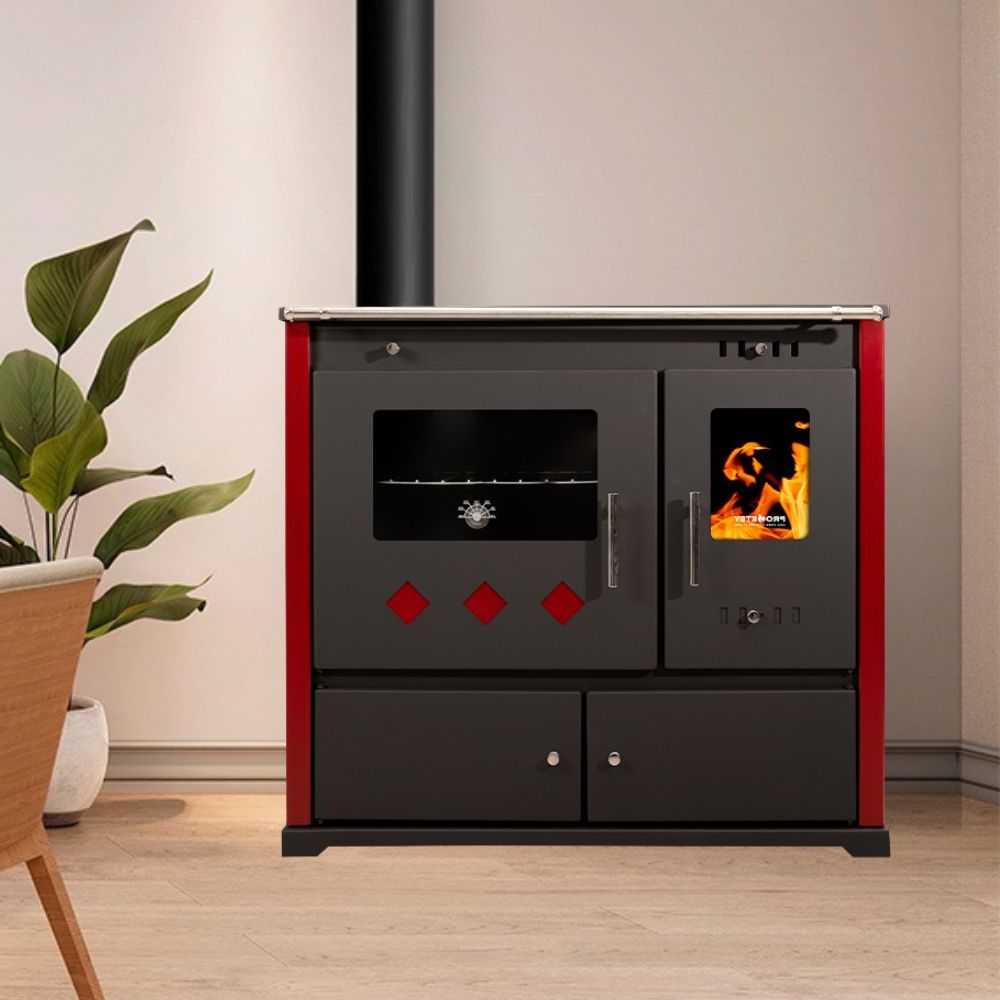 Vedspis med ugn Prometey Perfect Practik Lux med vänster rökkanal, vinröd, 9.5kW |  |  |