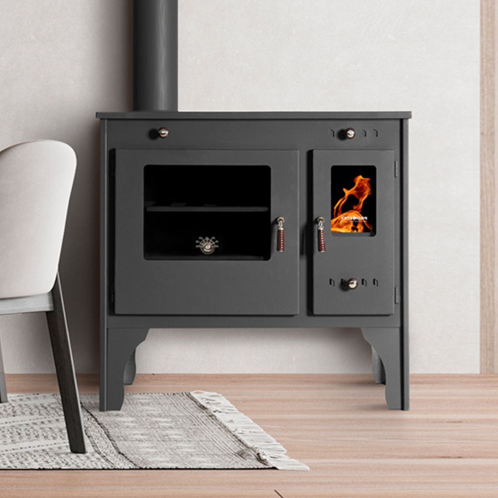 Vedspis med ugn Prometey Retro Eco med vänster rökkanal, 7kW |  |  |