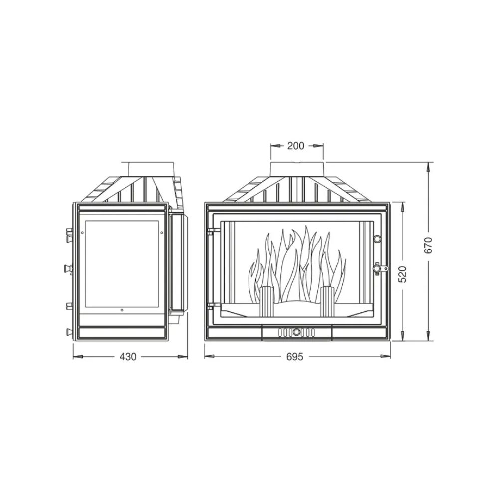 Insatskamin UNIFLAM 700 STANDARD med spjäll, vänster sida, 14 kW | Gjutjärnskaminer | Braskaminer |