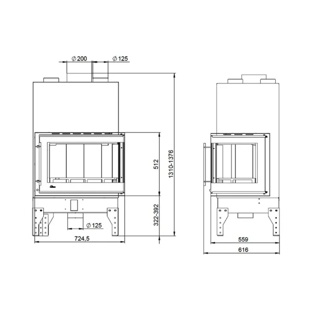 Insatskamin UNIFLAM 760 EVO PBS med varmluftskanaler och uteluftsanslutning, böjt glas, vänstersida, 10 kW | Braskaminer |  |