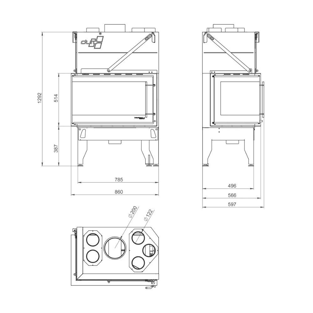 Insatskamin UNIFLAM 860 DURO med kanaler och uteluftsanslutning, vänster sida, 14,1 kW | Braskaminer |  |