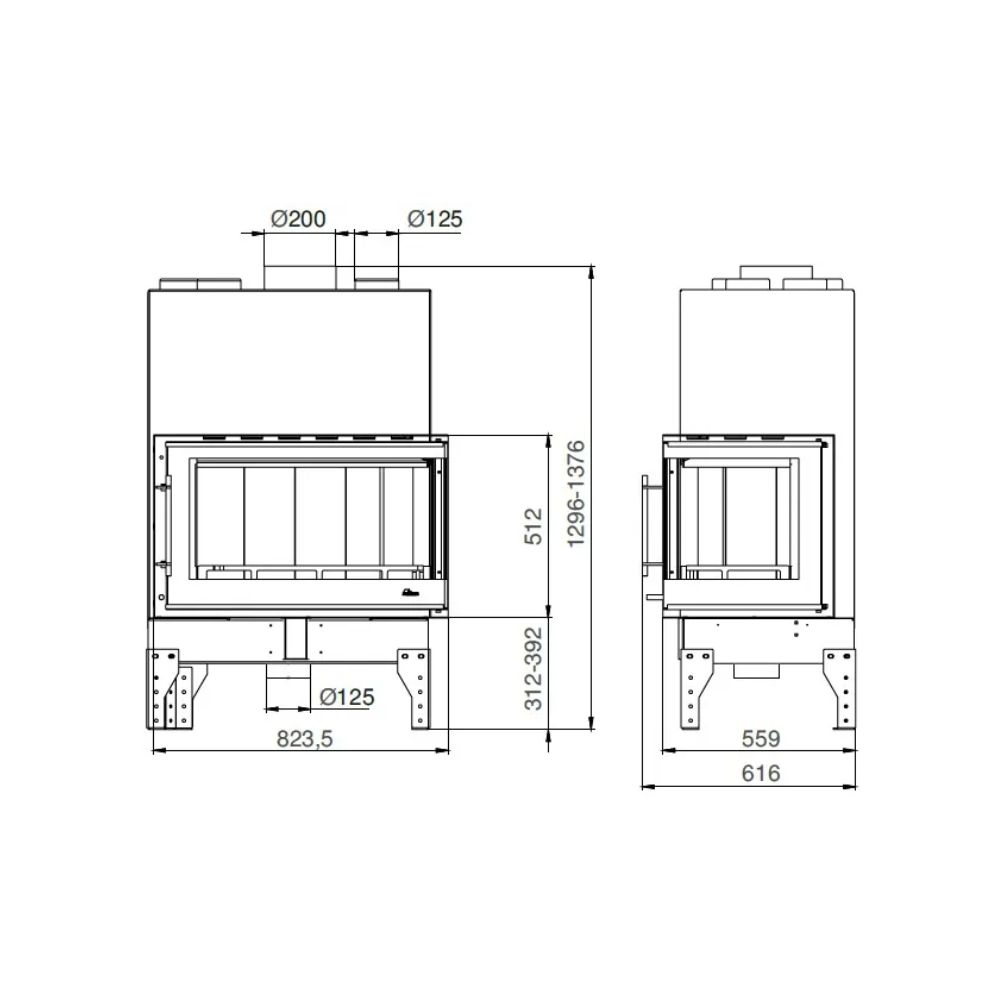 Insatskamin UNIFLAM 860 EVO PBS med varmluftskanaler och uteluftsanslutning, böjt glas, vänstersida, 15 kW | Braskaminer |  |