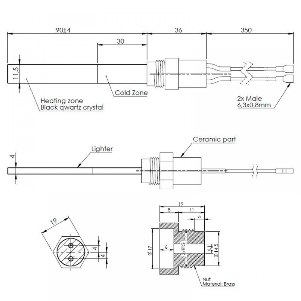 Tändelement pelletskamin med svart kvartskristall för Karmek One, La Nordica med flera, total längd 126mm, 300W | Tändelement pelletskamin | Pelletskamin reservdelar |
