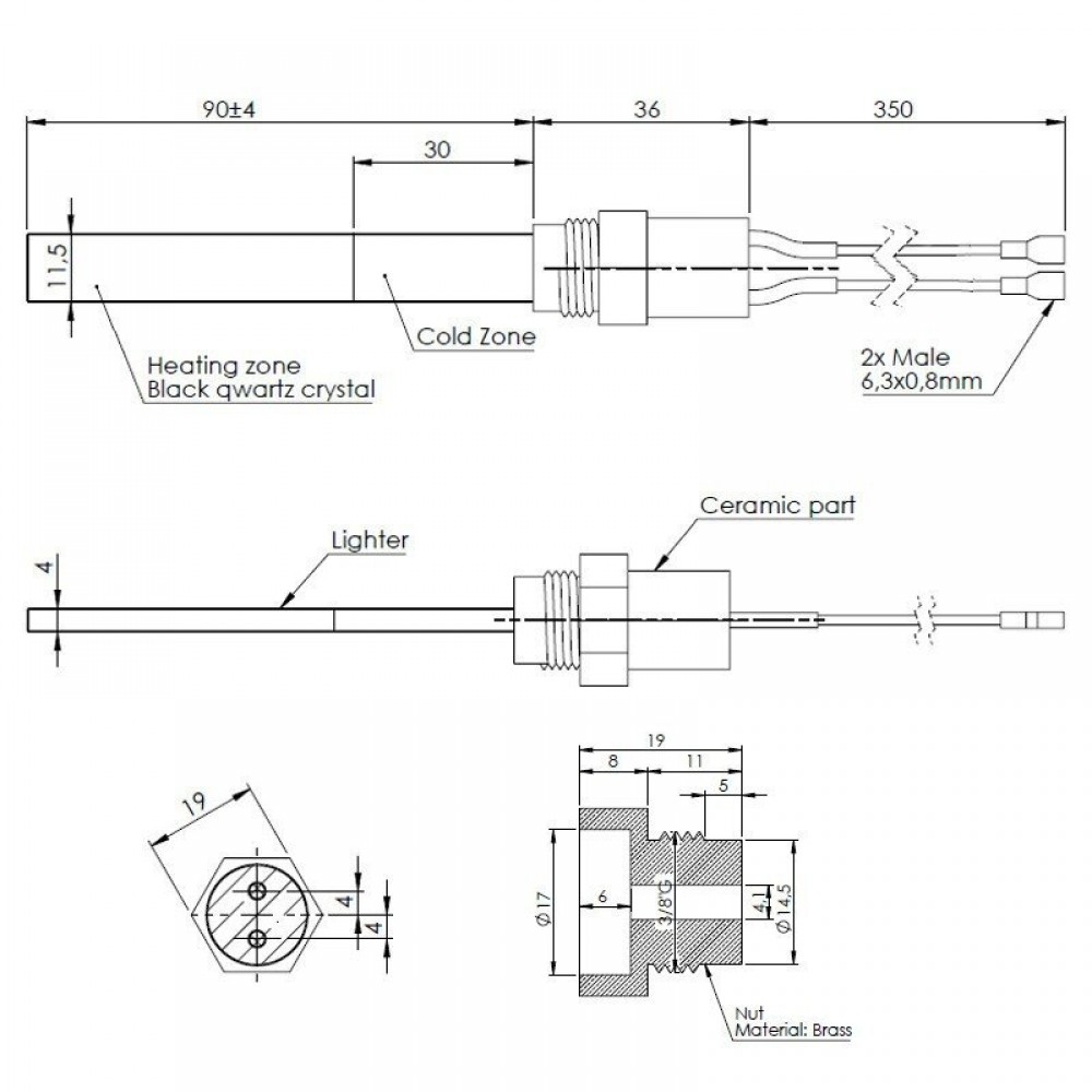 Tändelement pelletskamin Eco Spar, BURNiT, Adler, AMG, Ecoteck, total längd 126mm, 120W till 24V | Tändelement pelletskamin | Pelletskamin reservdelar |