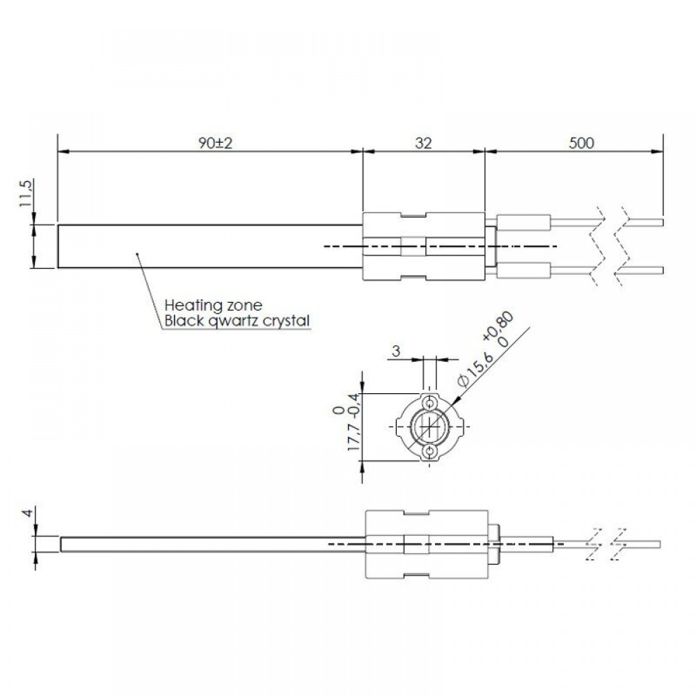 Tändelement pelletskamin med svart kvartskristall för Eco Spar, BURNiT, Palazzetti, Ravelli, MCZ, total längd 122mm, 300W | Tändelement pelletskamin | Pelletskamin reservdelar |
